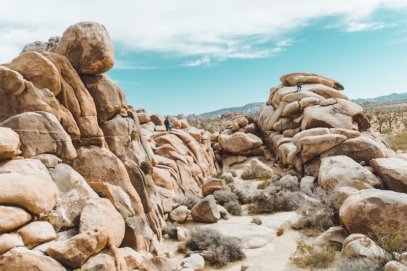 People clamoring over boulders in Joshua Tree National Park
