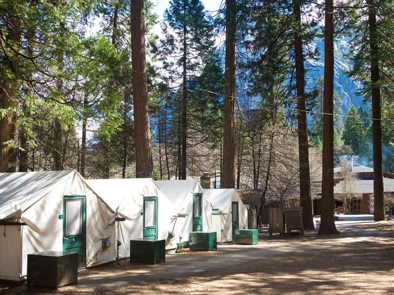 Canvas tents at Curry Village in Yosemite Valley. Largest lodging facility in Yosemite Valley.