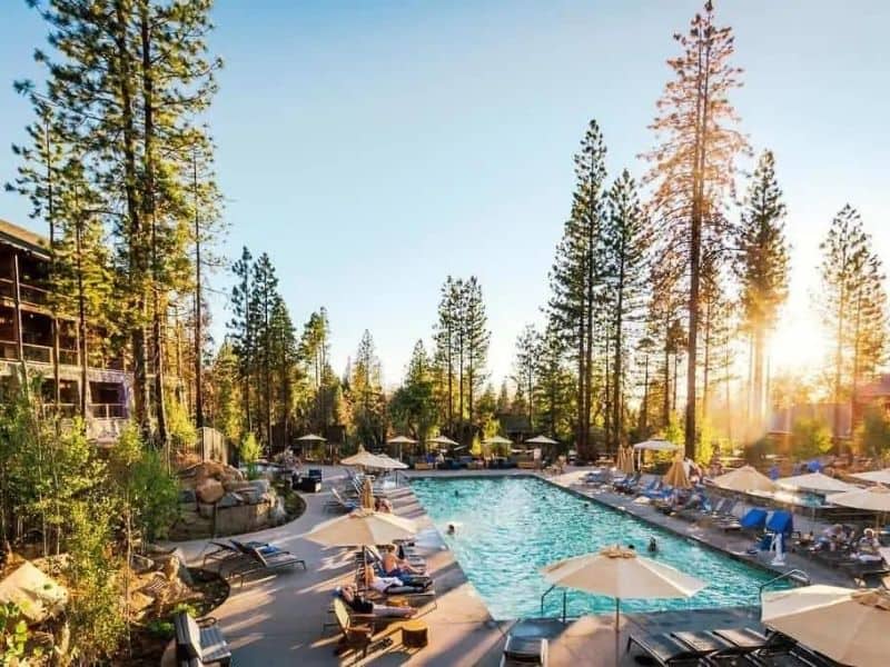 Pool at Rush Creek Lodge at Yosemite with lounge chairs, umbrellas and trees in the background.