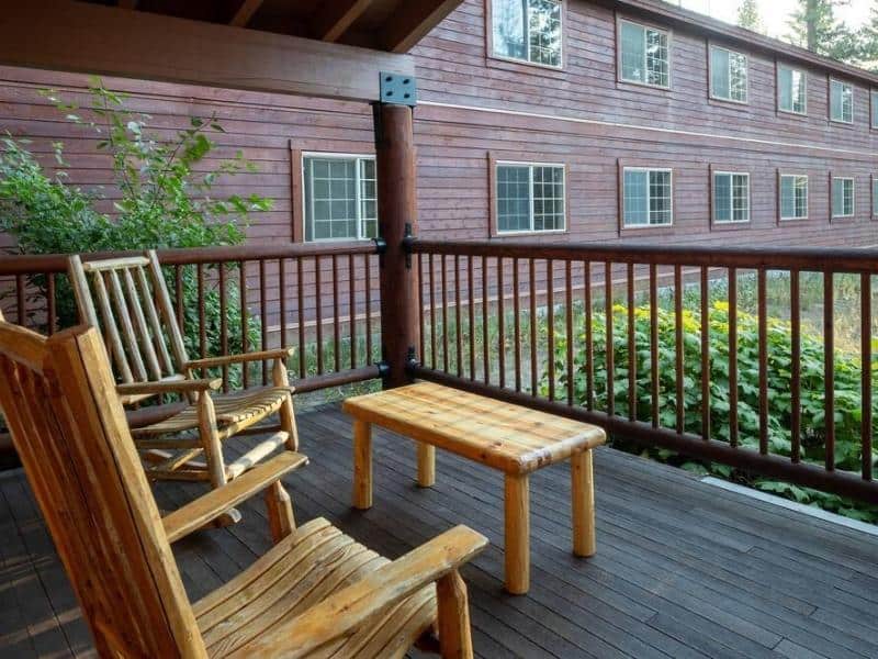 Wooden porch with rocking chairs at John Muir Lodge in Kings Canyon National Park.