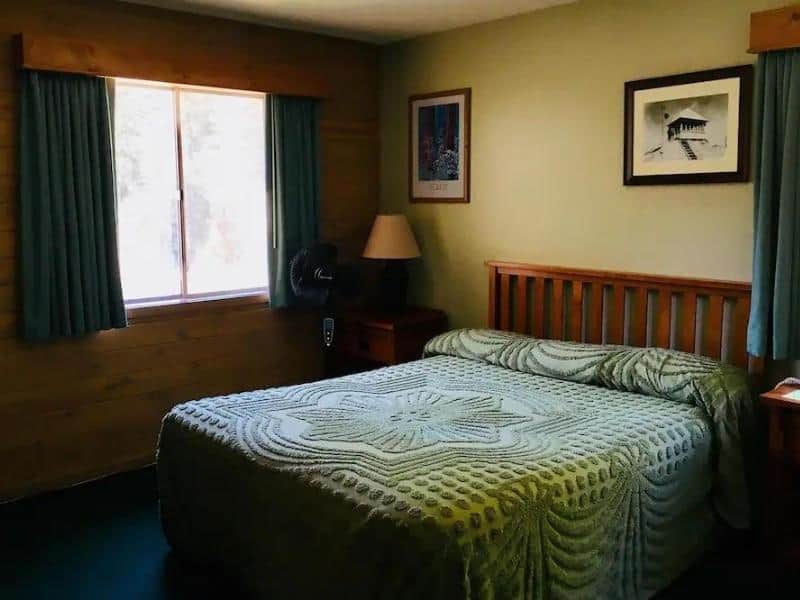 Modest guest room at Stony Creek Lodge with a queen bed and green bedding, wood-paneled walls, and framed artwork.