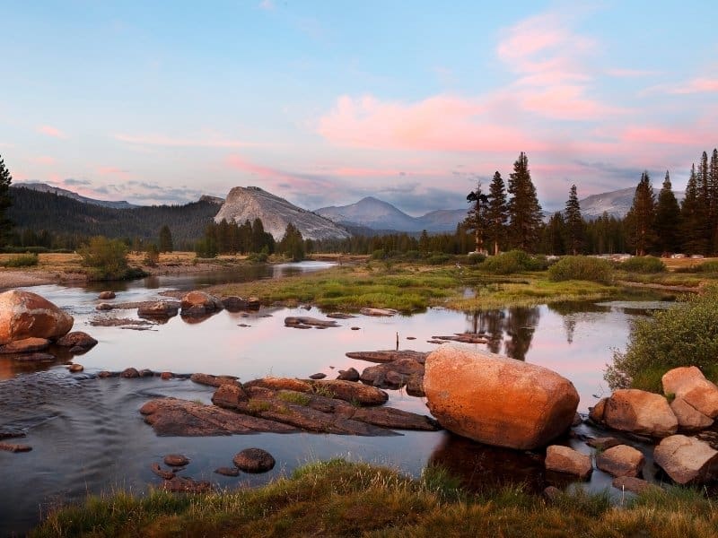 Tuolumne Meadows at dusk with a calm creek in the foreground.