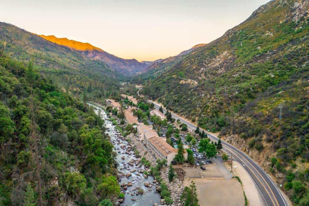 Ariel view of Yosemite View Lodge sitting along the Merced River