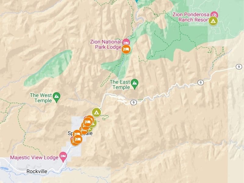 Interactive Zion National Park Lodging Map created using Google My Maps