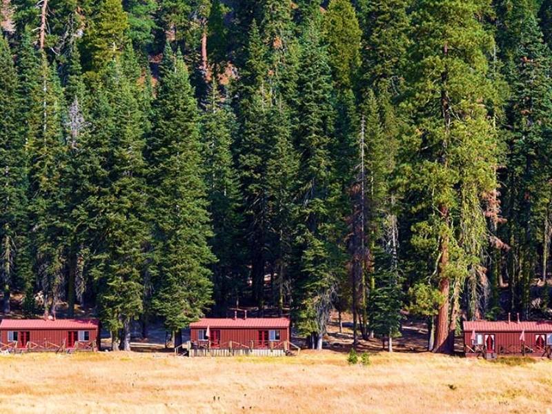 Three rustic cabins in front of a dense forest at Drakesburg Guest Ranch in Lassen Volcanic National Park, California