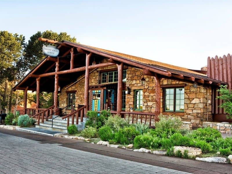 Entrance to guest reception at Bright Angel Lodge on the Grand Canyon South Rim with natural stone and wood accents