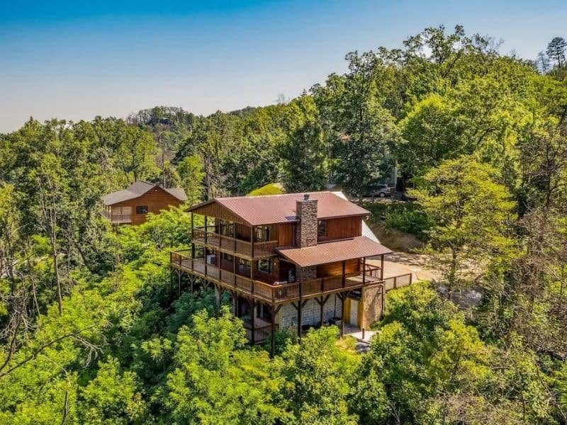 Aerial view of a large 3 story wood Pigeon Forge cabin rental near Great Smoky Mountains National Park