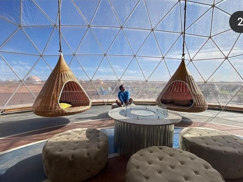 Large bubble dome reception area at Clear Sky Resorts near the Grand Canyon South Rim with hanging bird nest seats