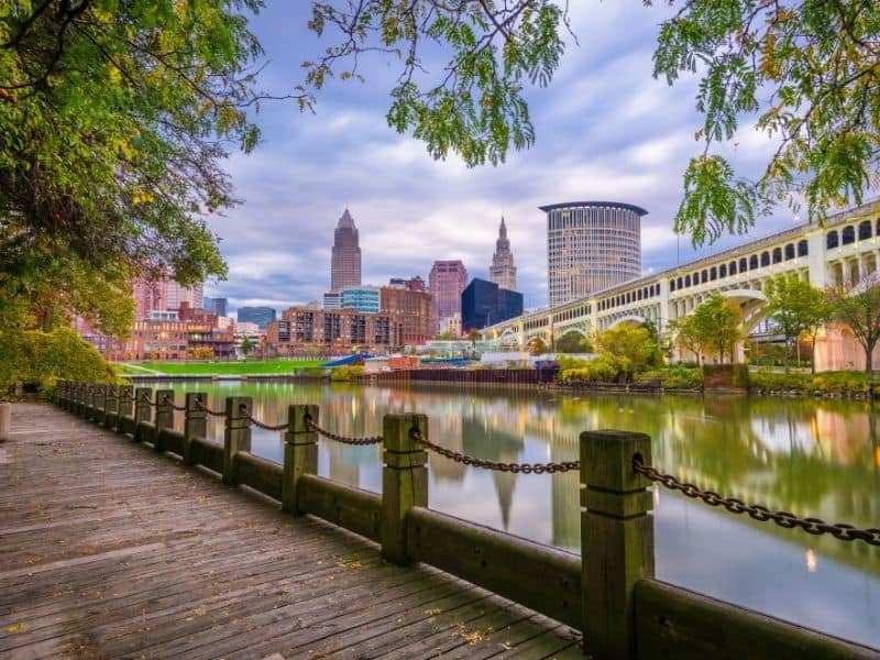 Cleveland Ohio skyline seen from the Cuyahoga River at dusk.