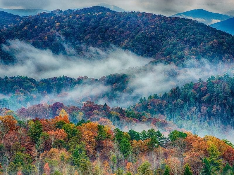 Mist rises above the Great Smoky Mountains in Tennessee, USA