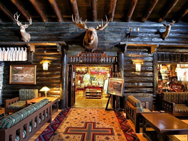 Rustic communal reception area and guest store at El Tovar Hotel on the Grand Canyon South Rim