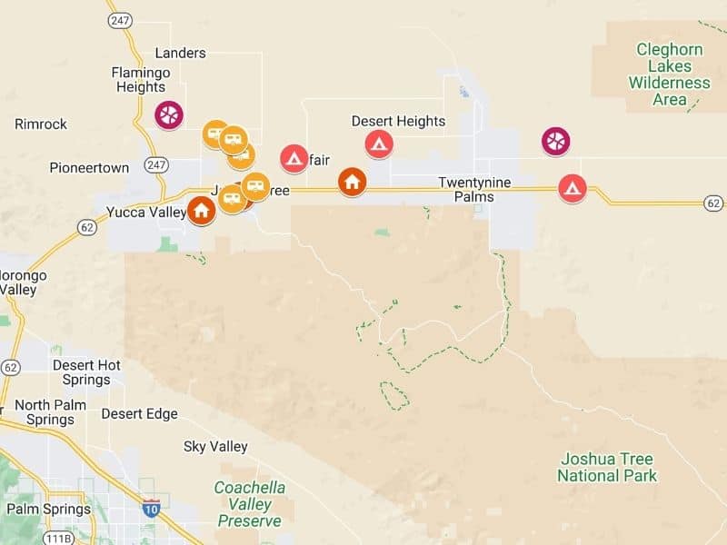 Glamping in Joshua Tree Map created using Google Maps