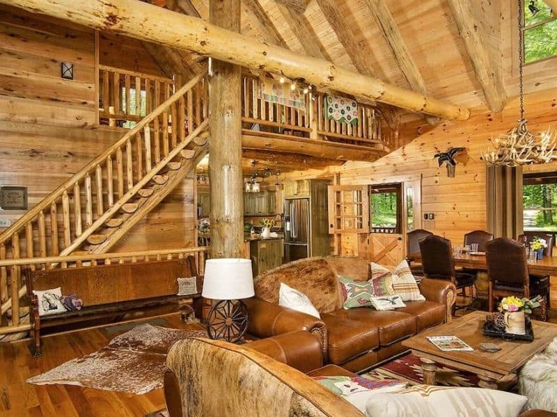 Modern rustic living area in luxury Hocking Hills home sleeping up to 18.