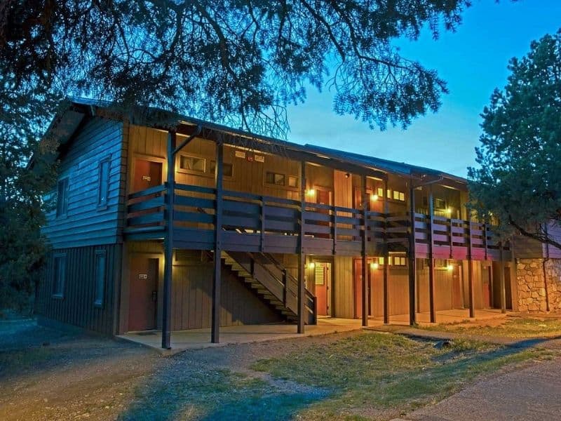 Wood exterior of Maswik Lodge at dusk near the Grand Canyon South Rim