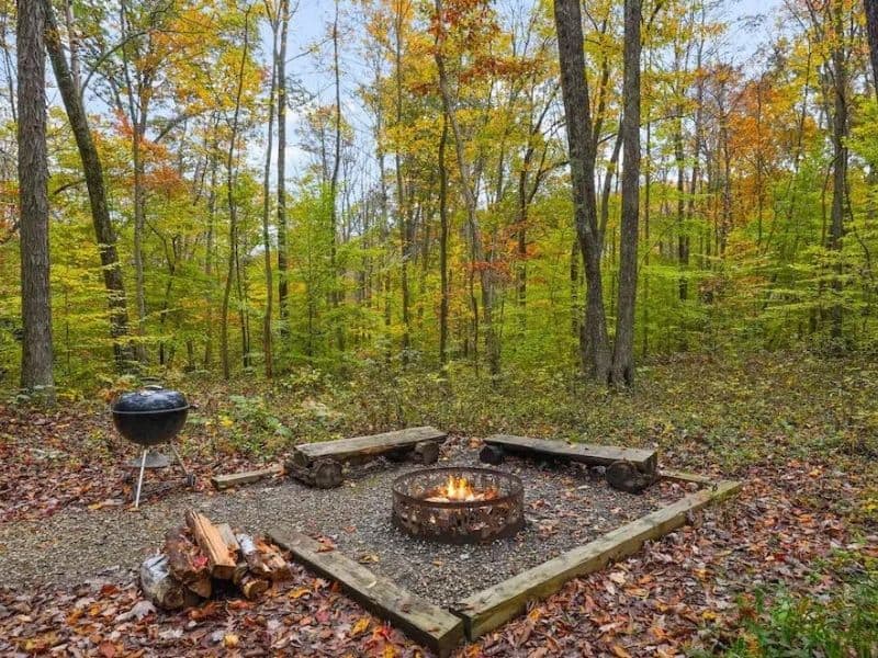 Outdoor fire pit area with seating logs and a barbecue grill amidst the colorful autumn foliage in Hocking Hills.
