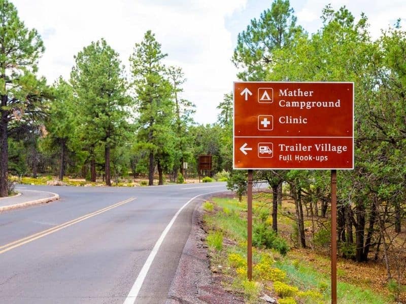 Sign with turn off to Trailer Village RV Park in Grand Canyon National Park
