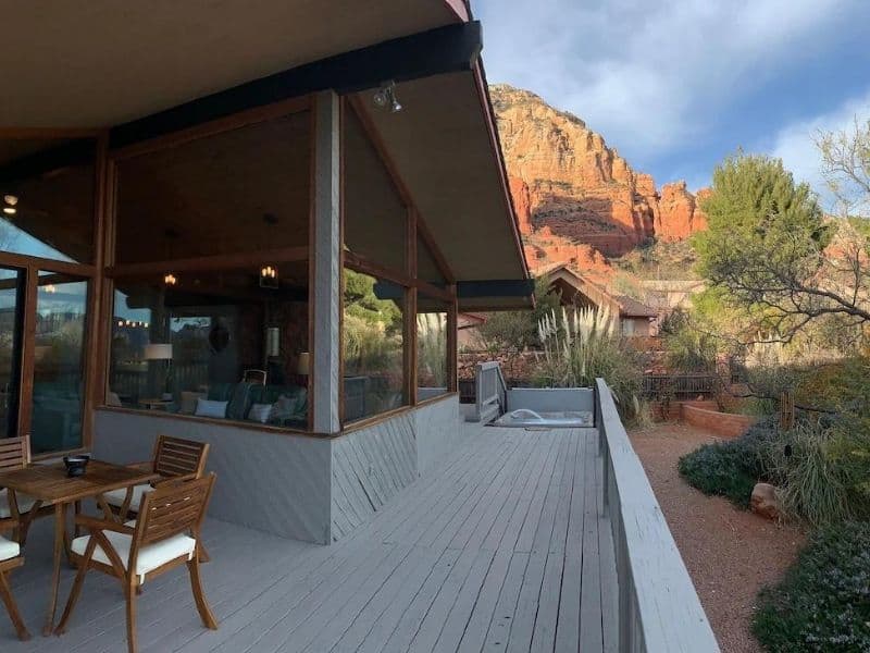 Patio with hot tub at Dynamic Red Rock Views - Airbnbs in Sedona