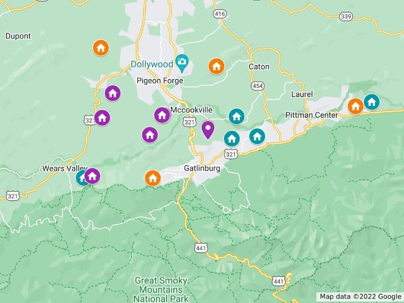 Interactive Pigeon Forge cabin rental map created using Google Maps.