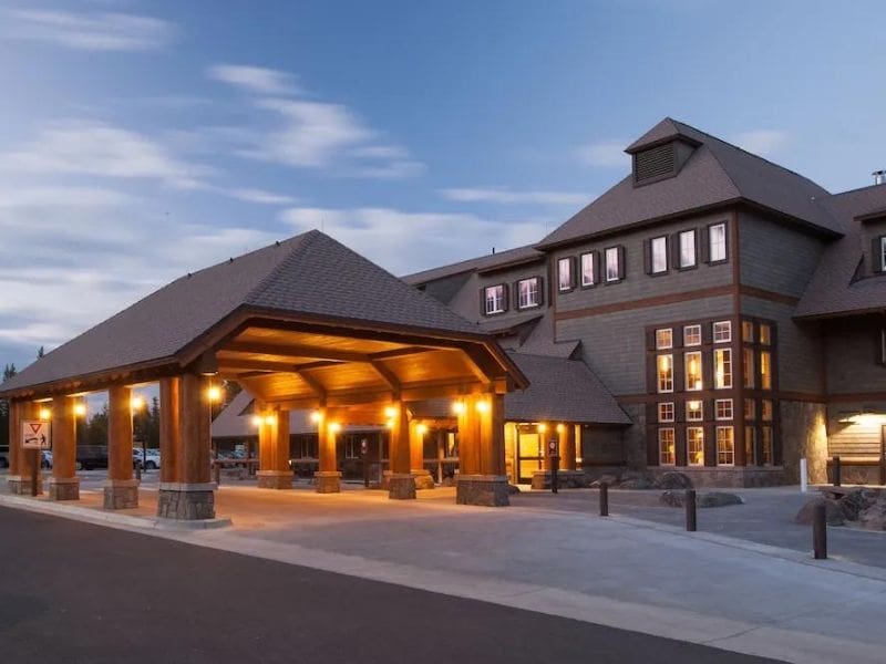 Exterior front entrance to Canyon Lodge in Yellowstone - one of the most central lodging options inside the national park