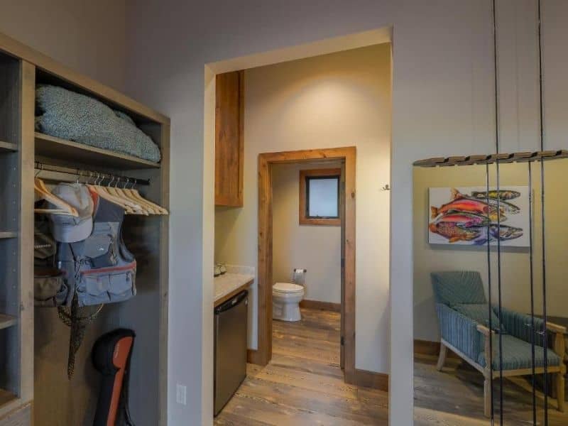 Interior view of guest room at Golden Stone Inn in West Yellowstone looking into bathroom