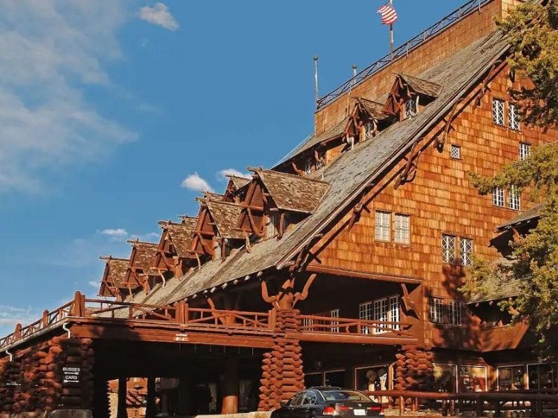 Exterior of Old Faithful Inn, one of the most sought-after lodging options in Yellowstone National Park