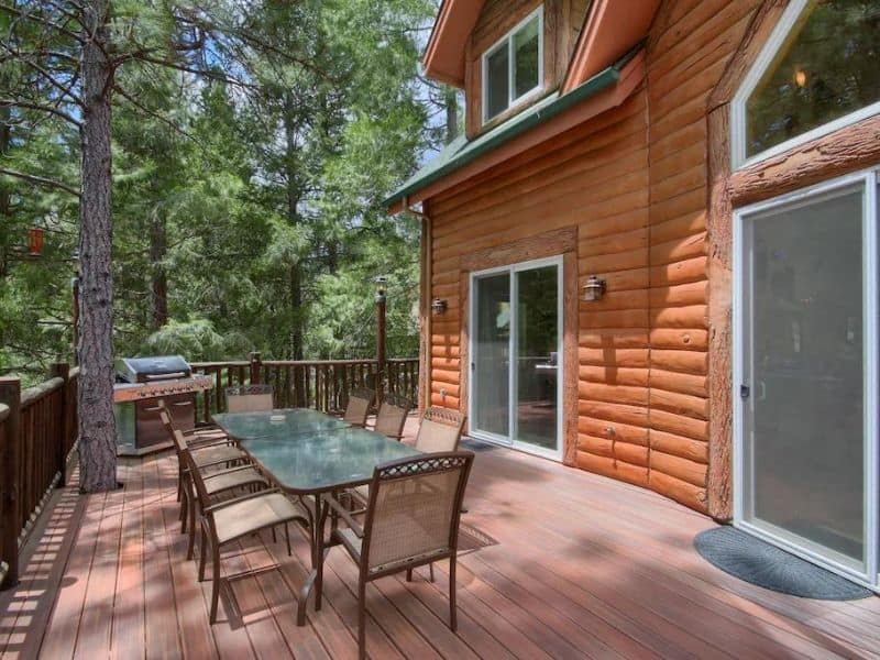 Outdoor deck at wood cabin rental near Yosemite