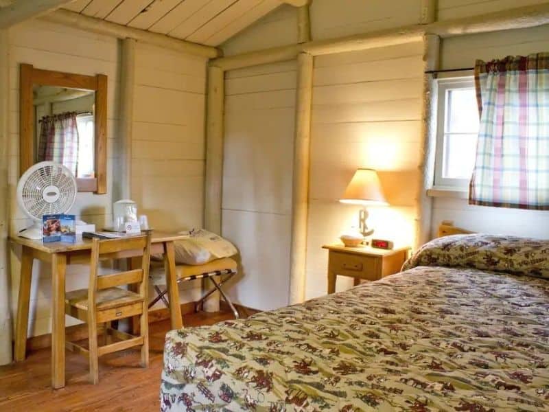 Interior of cabin at Roosevelt Lodge in Yellowstone with queen bed and small desk