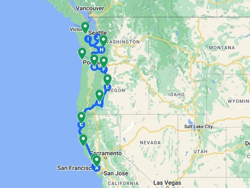 Interactive San Francisco to Seattle road trip map created using Google Maps.