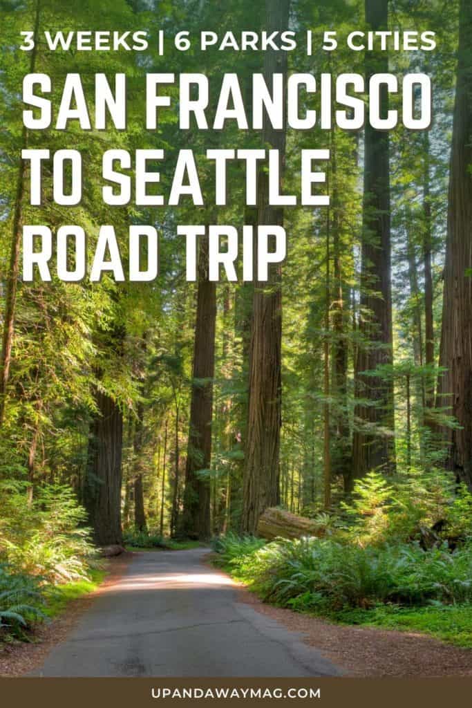 Road cutting through a Redwood Grove in California with text reading "San Francisco to Seattle Road Trip.