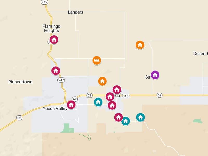 Joshua Tree airbnb map created using Google Maps.