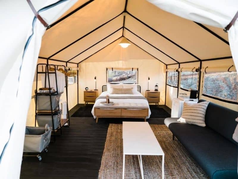 Interior of glamping tent at AutoCamp Yosemite, CA