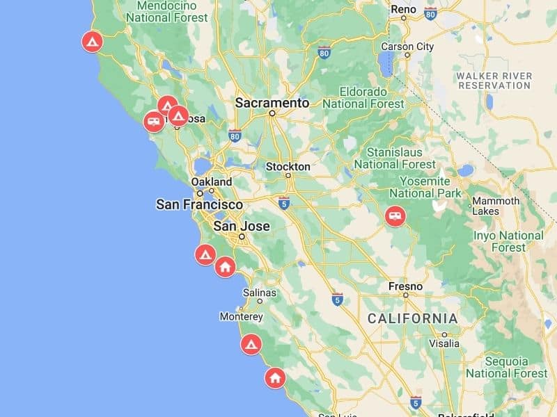 Bay Area glamping map created using Google maps