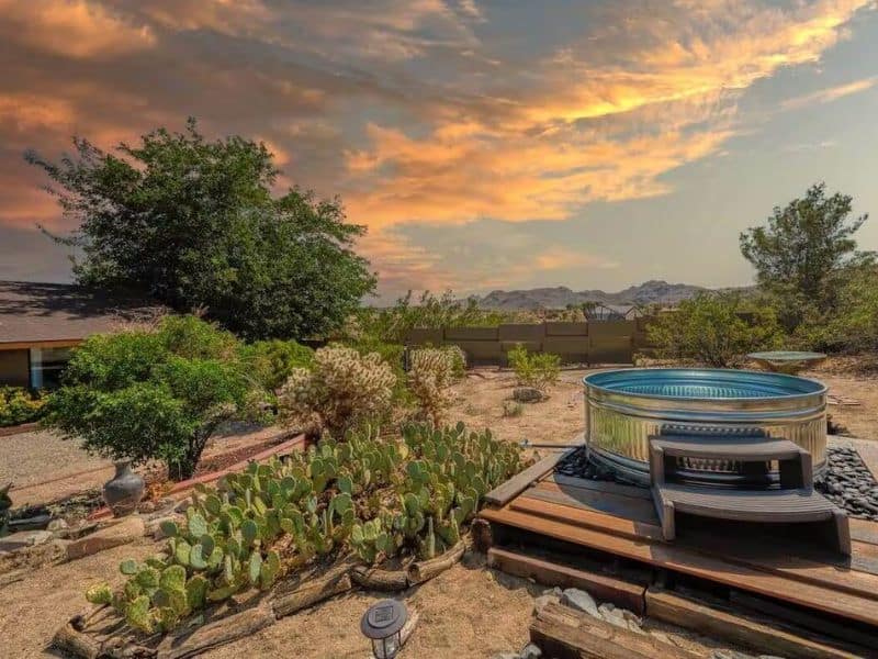 An outdoor cowboy tub in a garden surrounded by various desert plants and cacti. The tub is elevated on a wooden platform. Joshua Tree Vrbo rental.