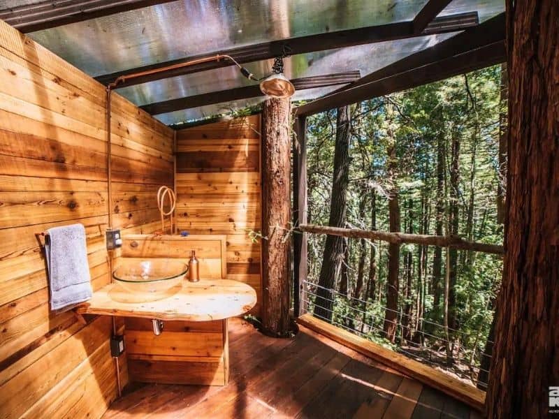 Indoor outdoor bathroom in the forest at Airbnb - Bay Area Glamping ideas