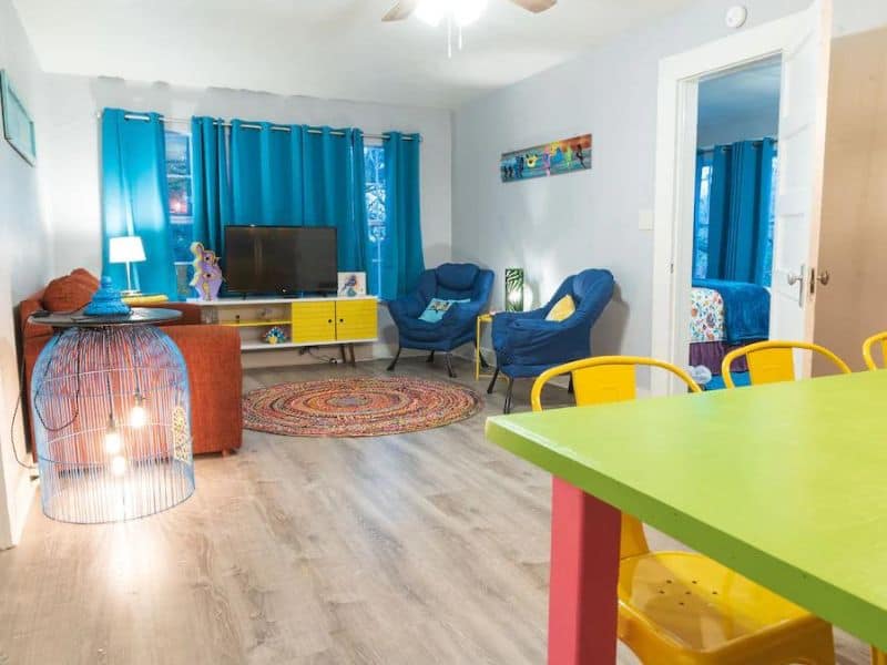 Colorful living area at cabin rental near Turner Falls
