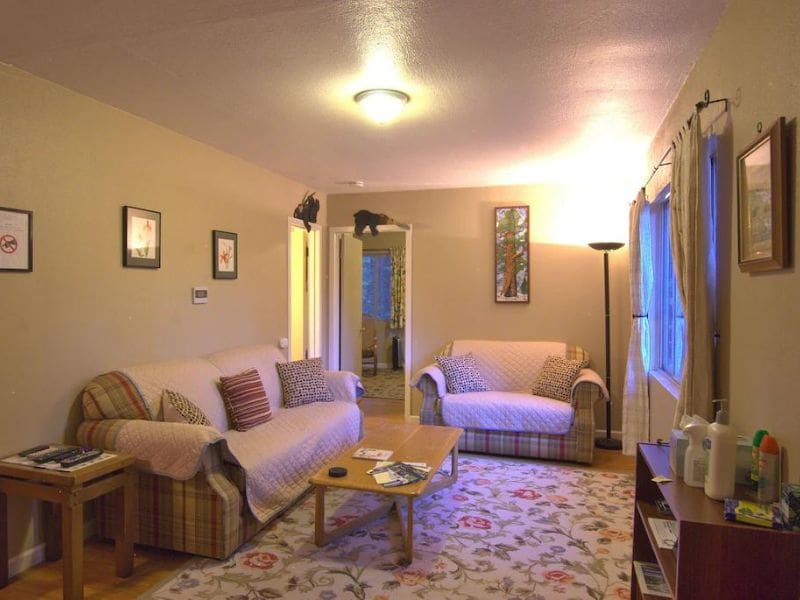 Living area of small cabin rental near Yosemite