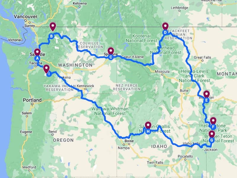 Seattle to Yellowstone road trip map created using Google Maps.