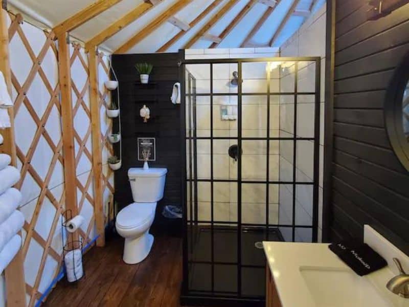 Luxury bathroom in yurt rental near Hocking Hills, Ohio