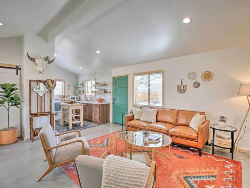 Southwest inspired living room at Joshua Tree vrbo in the heart of downtown