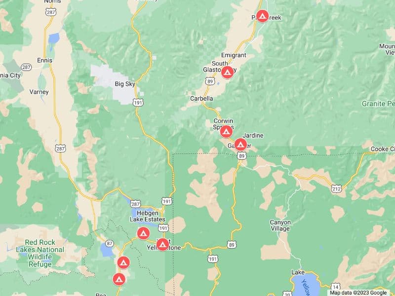 Map of all major Yellowstone glamping sites created using Google Maps.