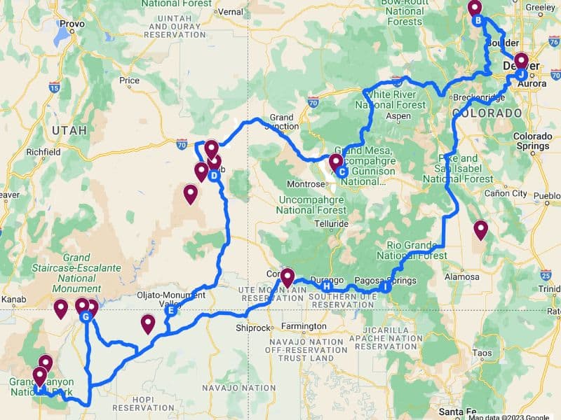 Interactive Denver to Grand Canyon Road Trip map created using Google My Maps