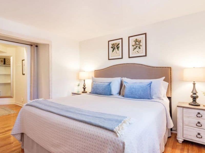 King bedroom with headboard in downtown Durango condo rental, CO