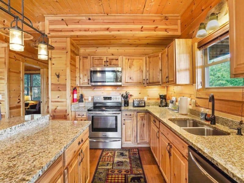 Rustic modern cabin kitchen with stainless steel appliances