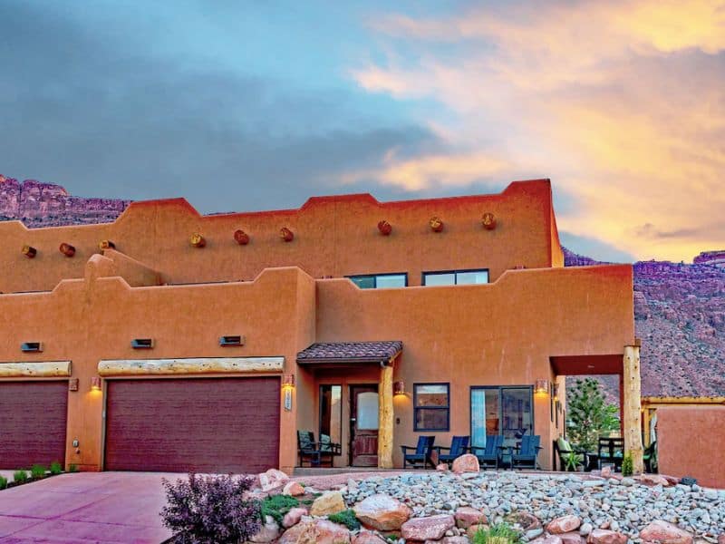 Exterior of luxury southwest style Airbnb in Southgate Village, Moab, UT