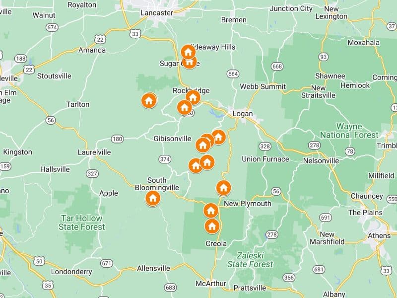 An interactive map of large Hocking Hills cabins with location pins marked created using google maps.
