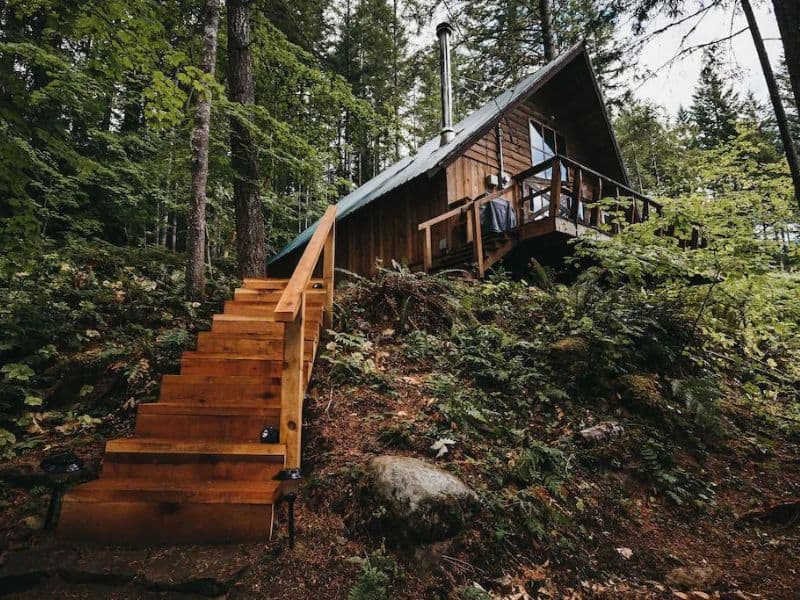 Wooden steps leading up to a wood cabin surrounded by forest near Mt Rainier, WA