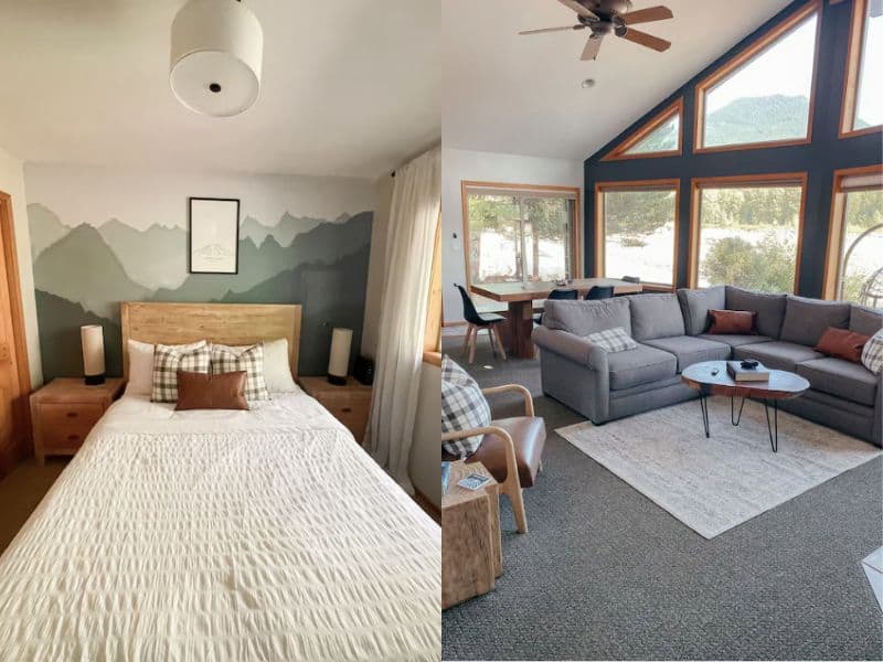 Two shots of a cabin rental. Left-hand side shows a guest bed with a mountain wall decal, right-hand photo shows living room area with couch, vaulted ceilings, and large windows