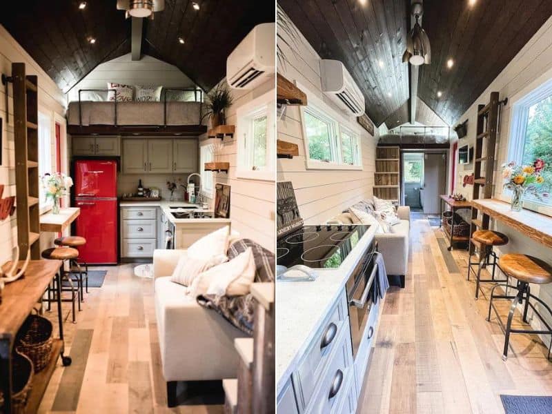 Interior of tiny home cabin in Packwood WA with red vintage fridge and loft sleeping