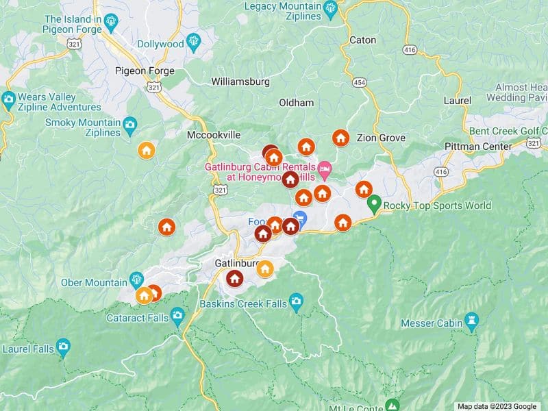 Interactive map with Gatlinburg pet-friendly cabins created using Google Maps