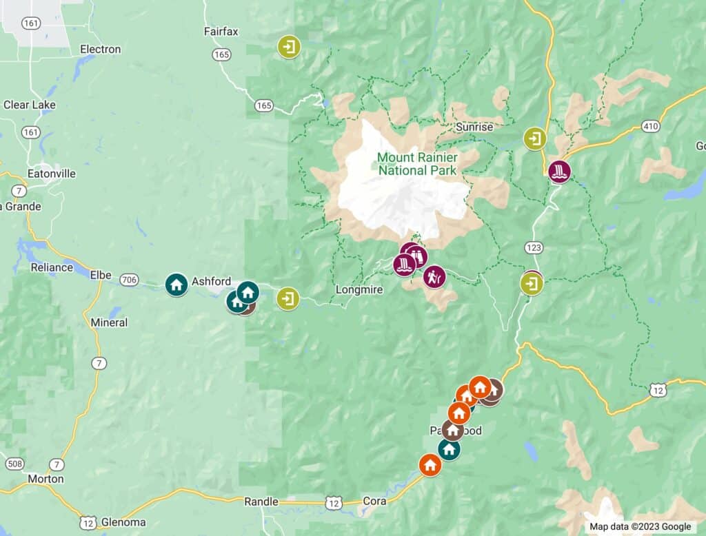 Interactive map of the best Mt Rainier cabin rentals created using Google Maps
